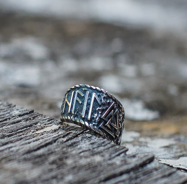 Valknut Symbol With HAIL ODIN Runes Sterling Silver Pagan Ring