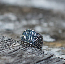 Load image into Gallery viewer, Valknut Symbol With HAIL ODIN Runes Sterling Silver Pagan Ring
