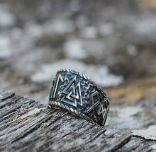 Load image into Gallery viewer, Valknut Symbol With HAIL ODIN Runes Sterling Silver Pagan Ring

