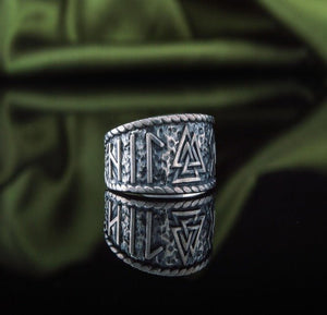 Valknut Symbol With HAIL ODIN Runes Sterling Silver Pagan Ring