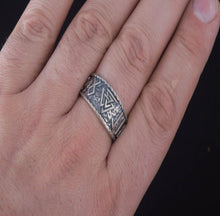 Load image into Gallery viewer, Valknut Symbol With HAIL ODIN Runes Sterling Silver Pagan Ring
