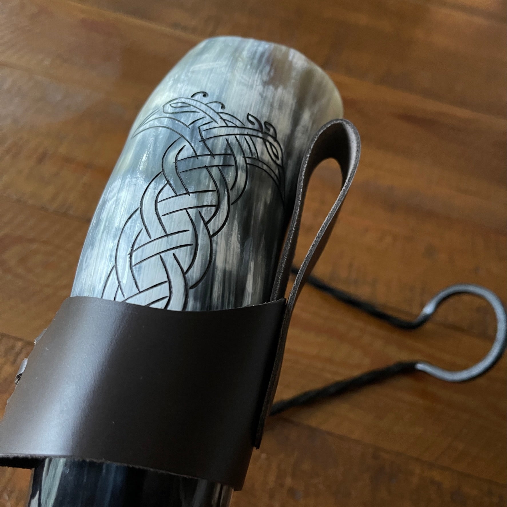 Viking Drinking Horn with Belt Loop and Iron Stand - Odin's Ravens Design