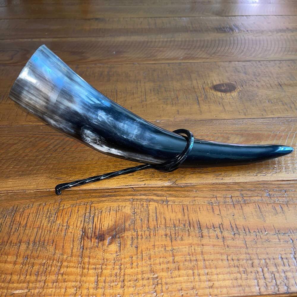 Viking Drinking Horn with Belt Loop and Iron Stand - Odin's Ravens Design