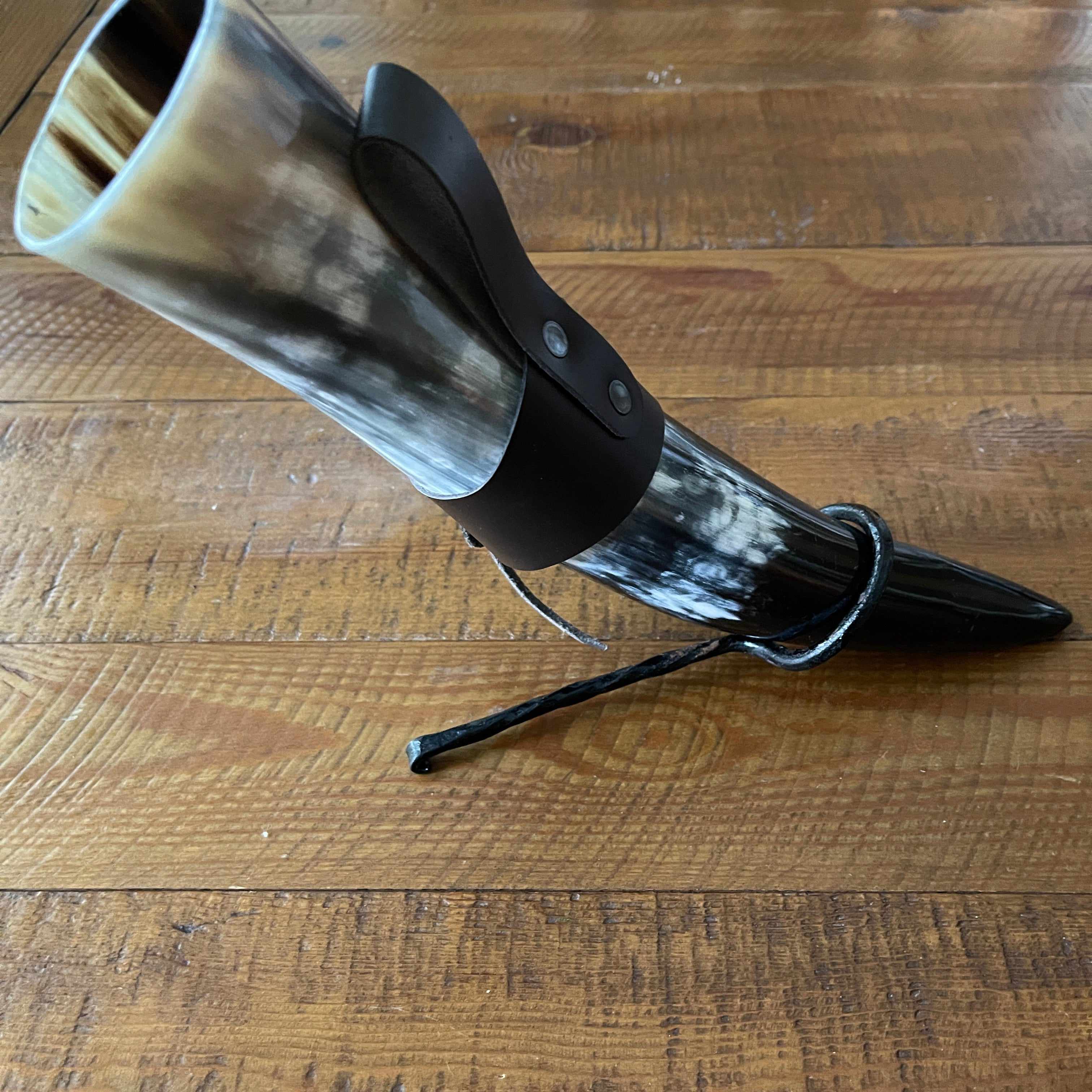 Viking Drinking Horn with Belt Loop and Iron Stand - Odin's Ravens Design