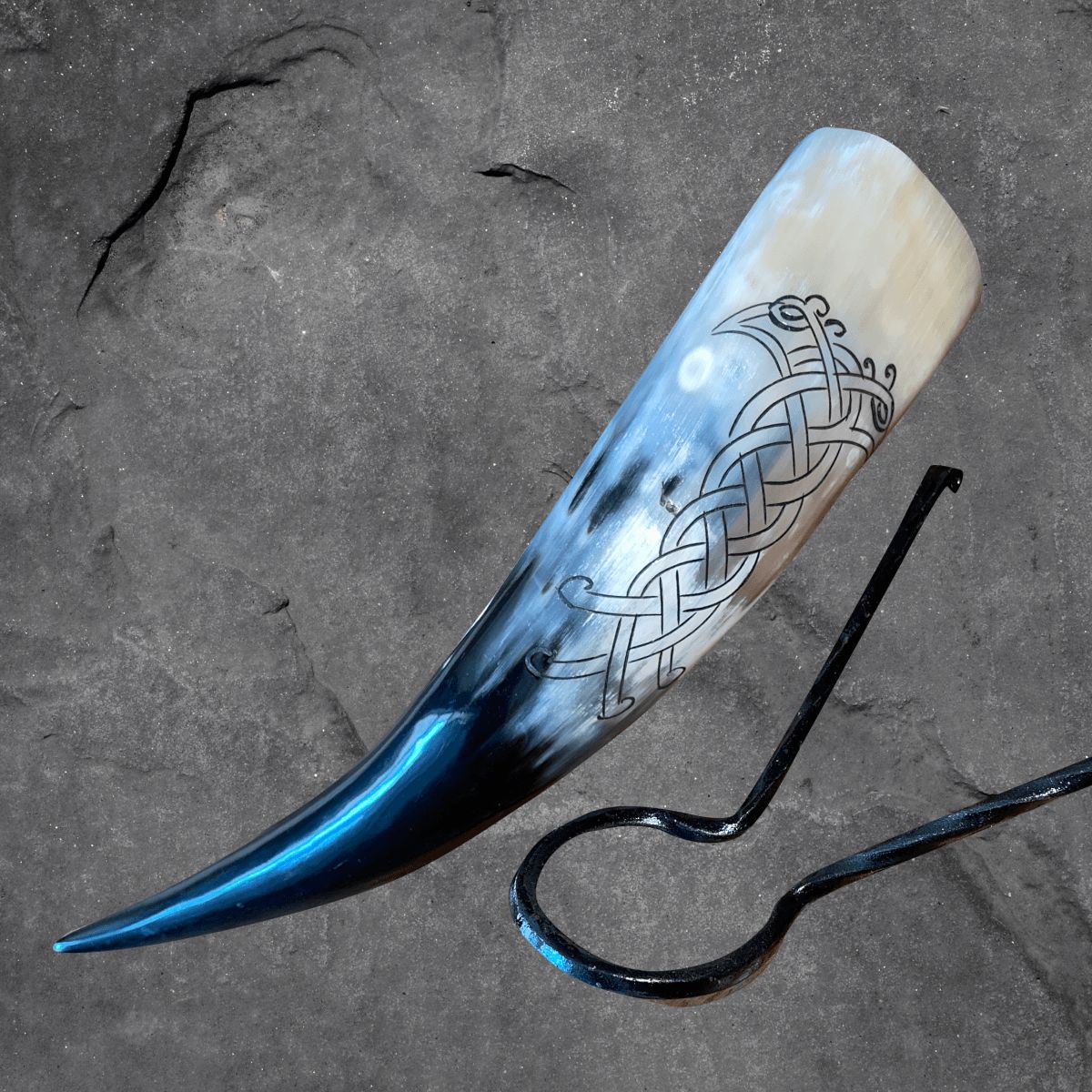 Viking Drinking Horn with Belt Loop and Iron Stand - Odin's Ravens Design