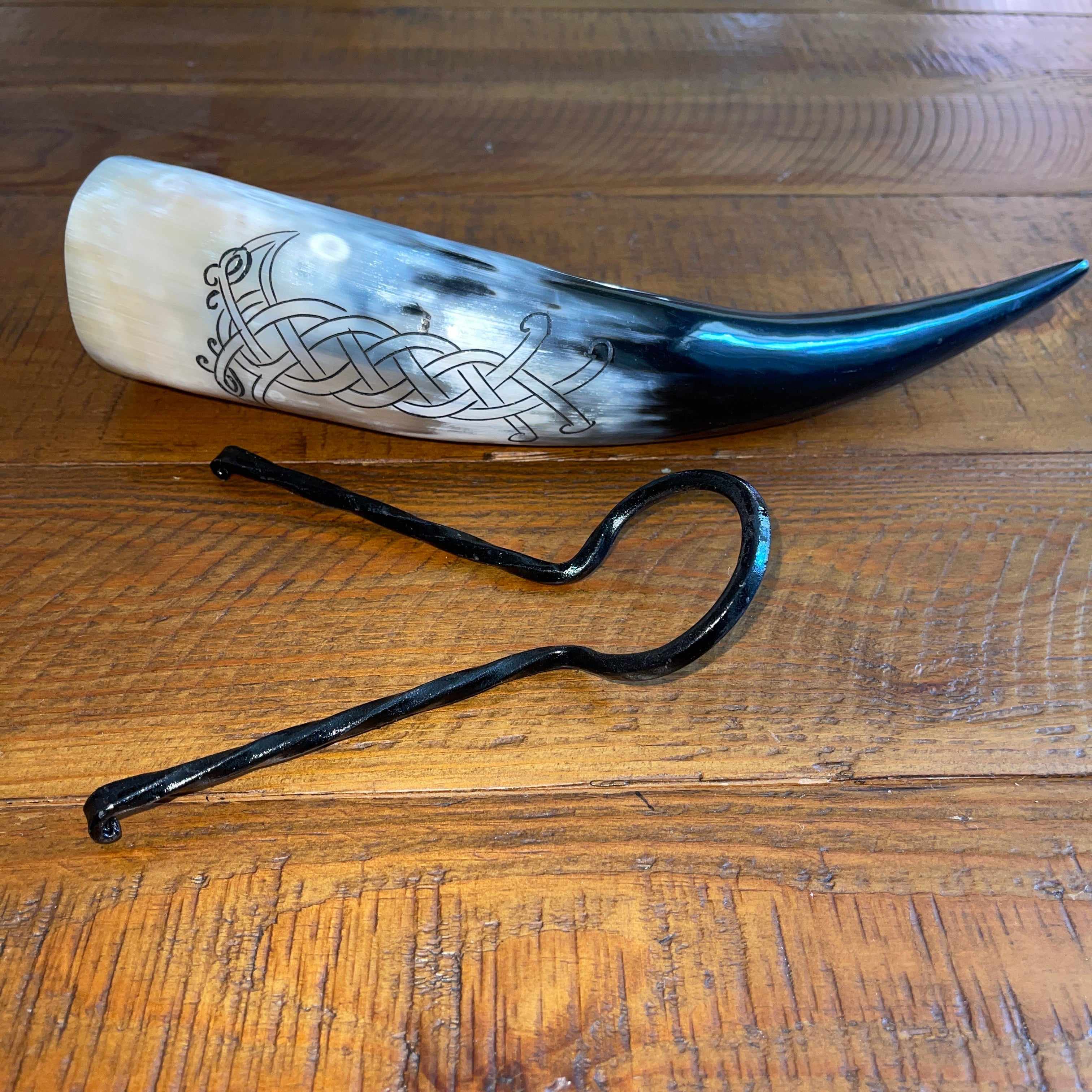 Viking Drinking Horn with Belt Loop and Iron Stand - Odin's Ravens Design