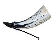 Load image into Gallery viewer, Viking Drinking Horn with Belt Loop and Iron Stand - Scale Pattern
