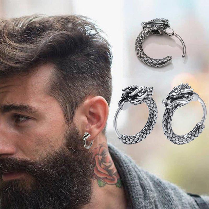 Viking Earrings for Men - Dragon Jewelry Hoops