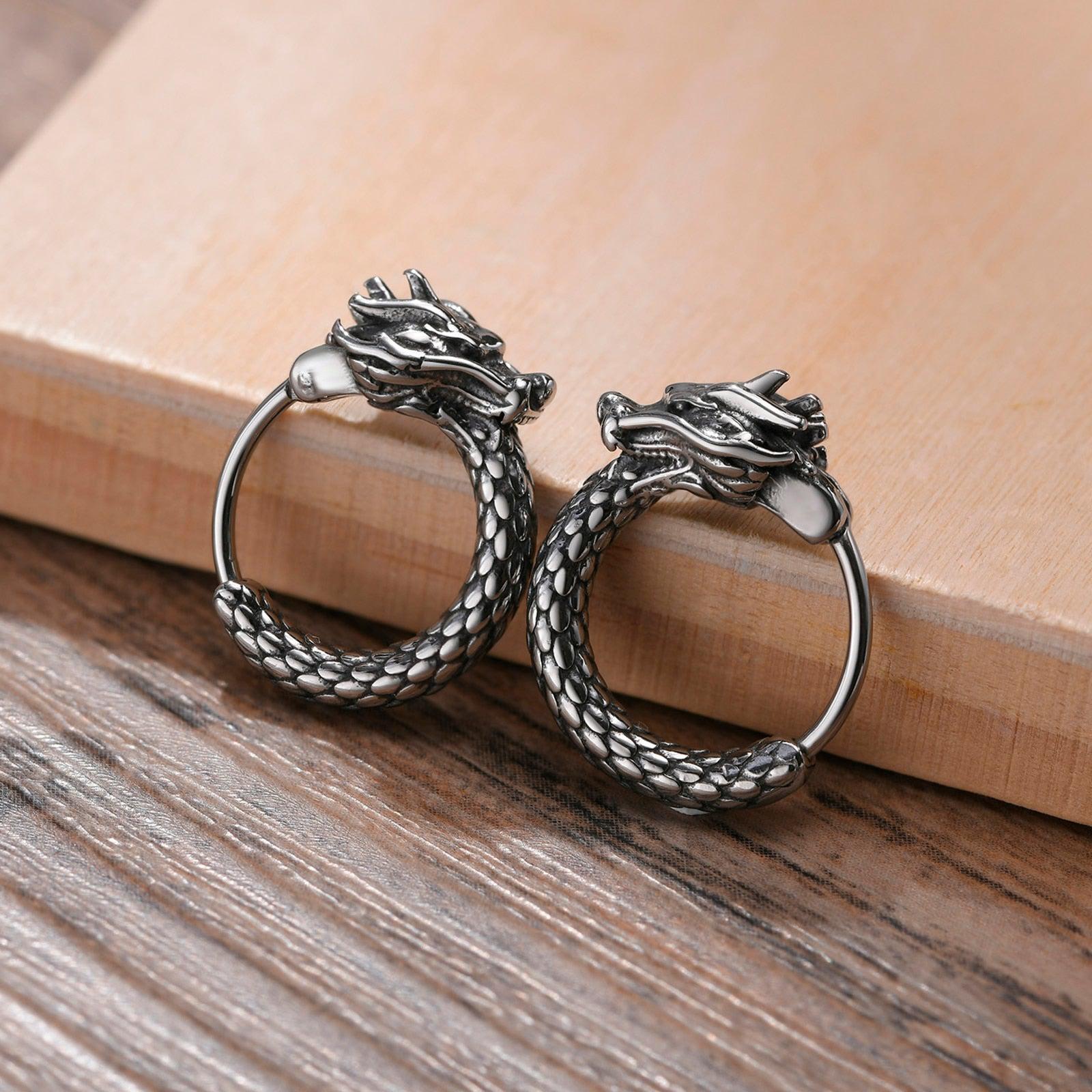 Viking Earrings for Men - Dragon Jewelry Hoops