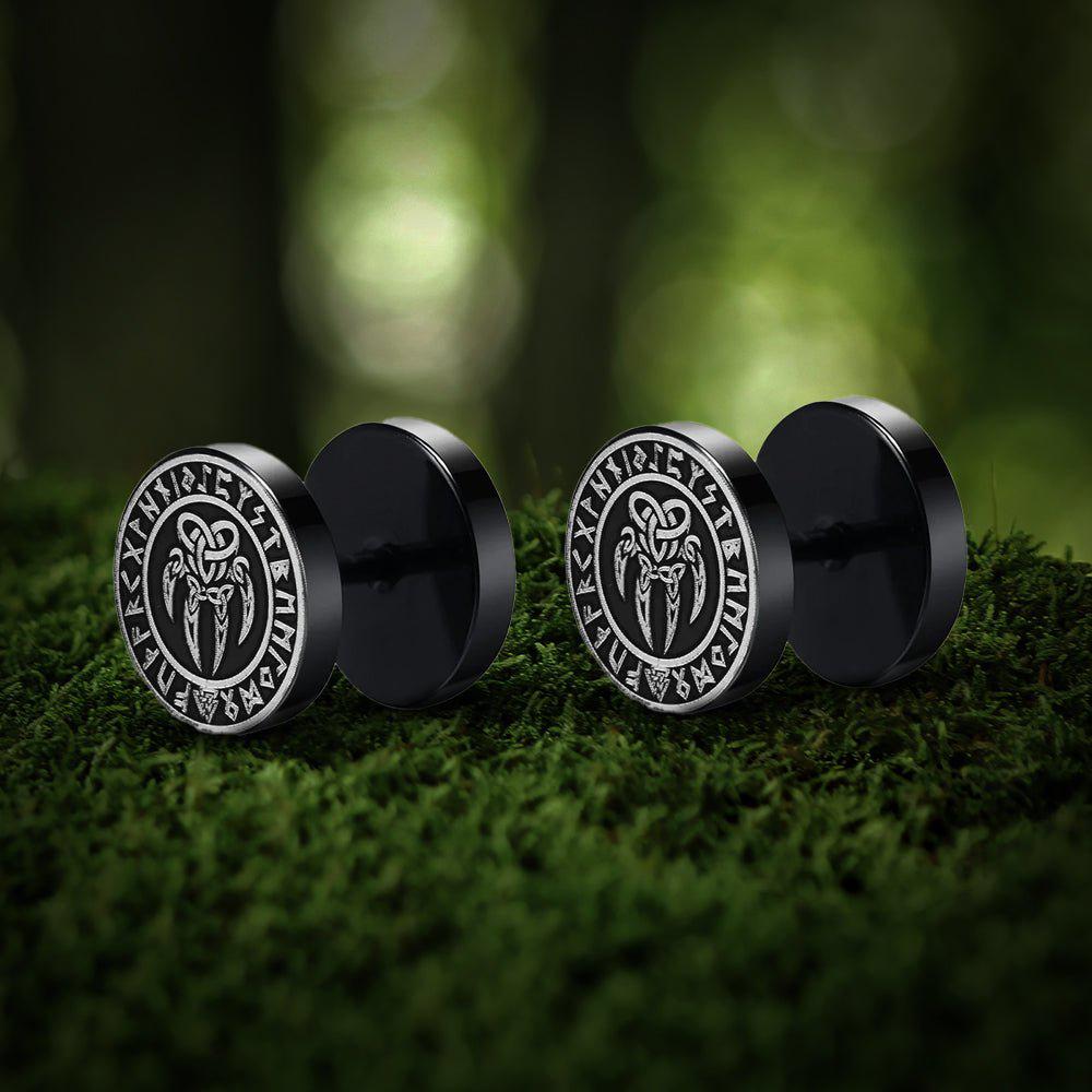 Viking Earrings with Norse Bear Claw Symbol - Black Studs