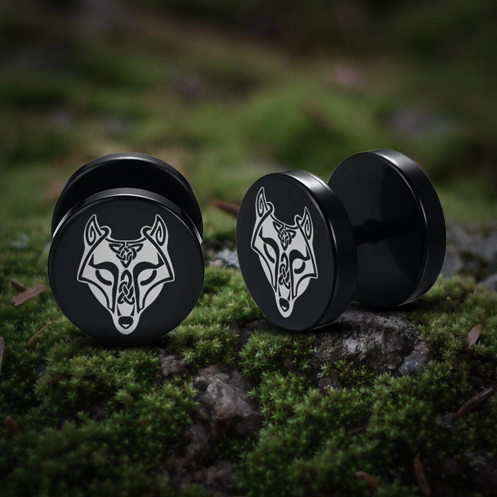 Viking Earrings with Norse Fenrir Wolf Symbol - Black Studs