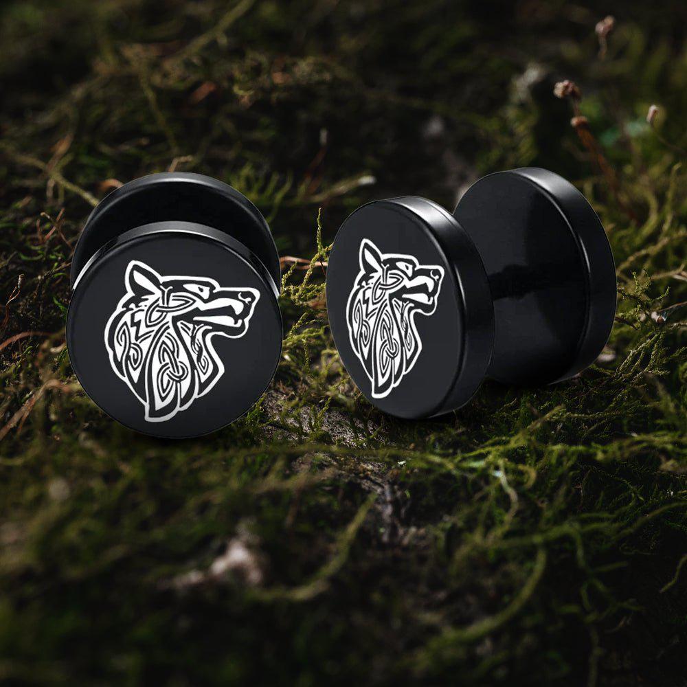 Viking Earrings with Norse Fenrir Wolf Symbol - Black Studs