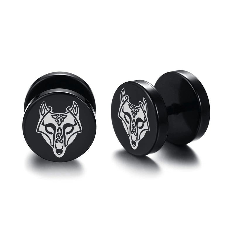 Viking Earrings with Norse Fenrir Wolf Symbol - Black Studs