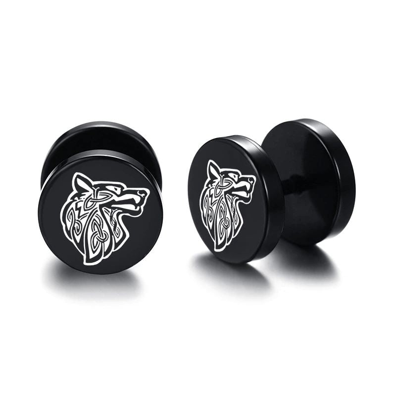 Viking Earrings with Norse Fenrir Wolf Symbol - Black Studs