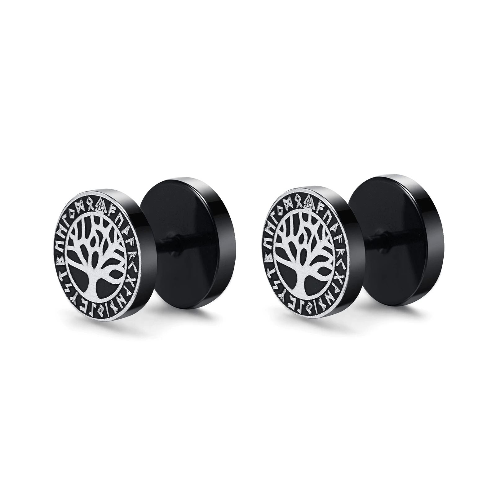 Viking Earrings with Norse Tree of Life Symbol - Black Studs