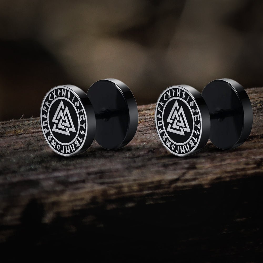 Viking Earrings with Norse Valknut Symbol - Black Studs