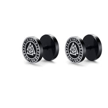 Load image into Gallery viewer, Viking Earrings with Norse Valknut Symbol - Black Studs
