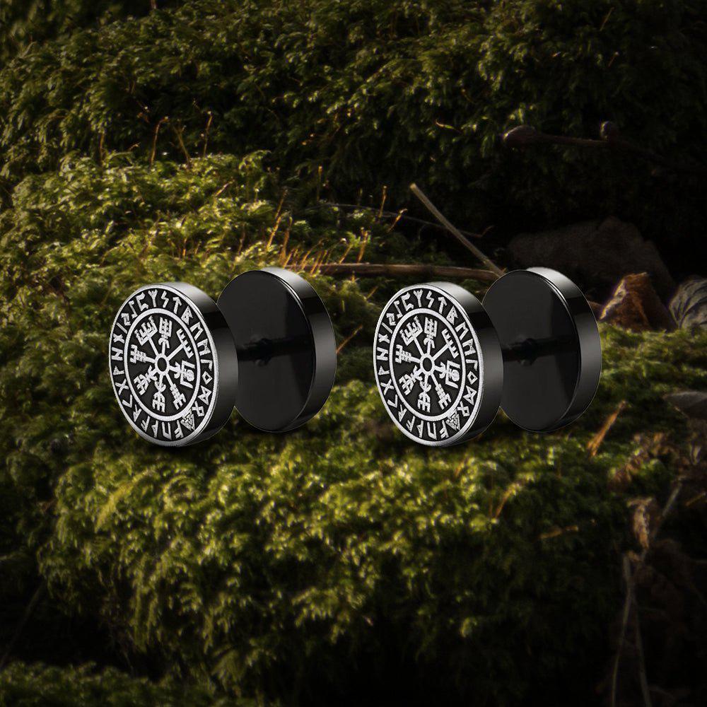 Viking Earrings with Norse Vegvisir Compass Symbol - Black Studs