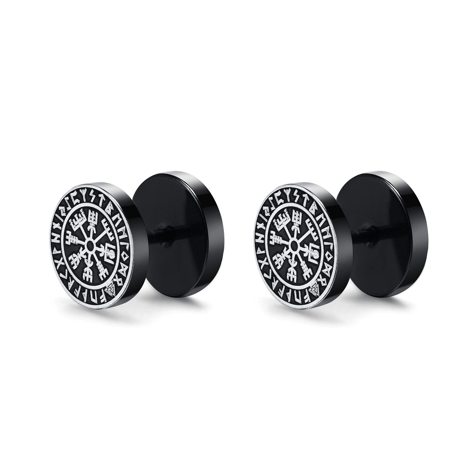 Viking Earrings with Norse Vegvisir Compass Symbol - Black Studs