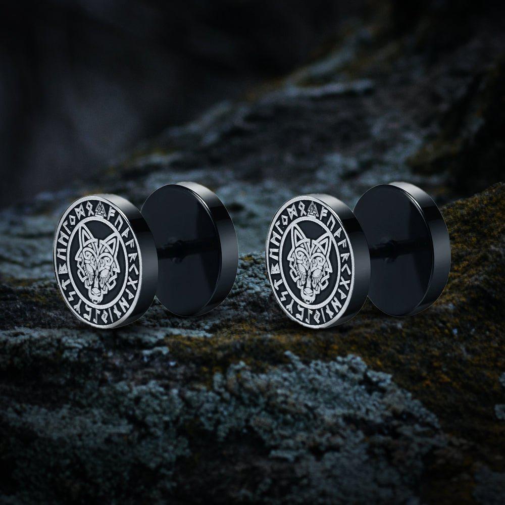 Viking Earrings with Norse Wolf Symbol - Black Studs