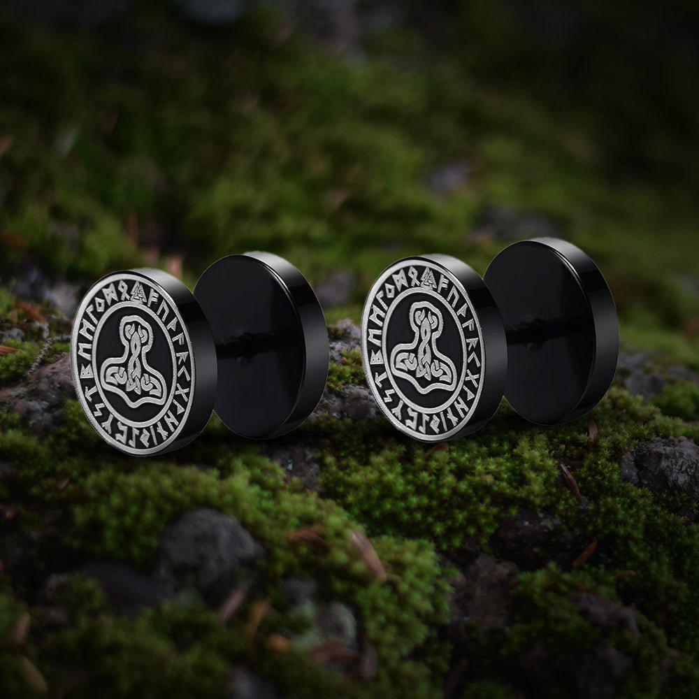 Viking Earrings with Thor's Hammer Symbol - Black Studs