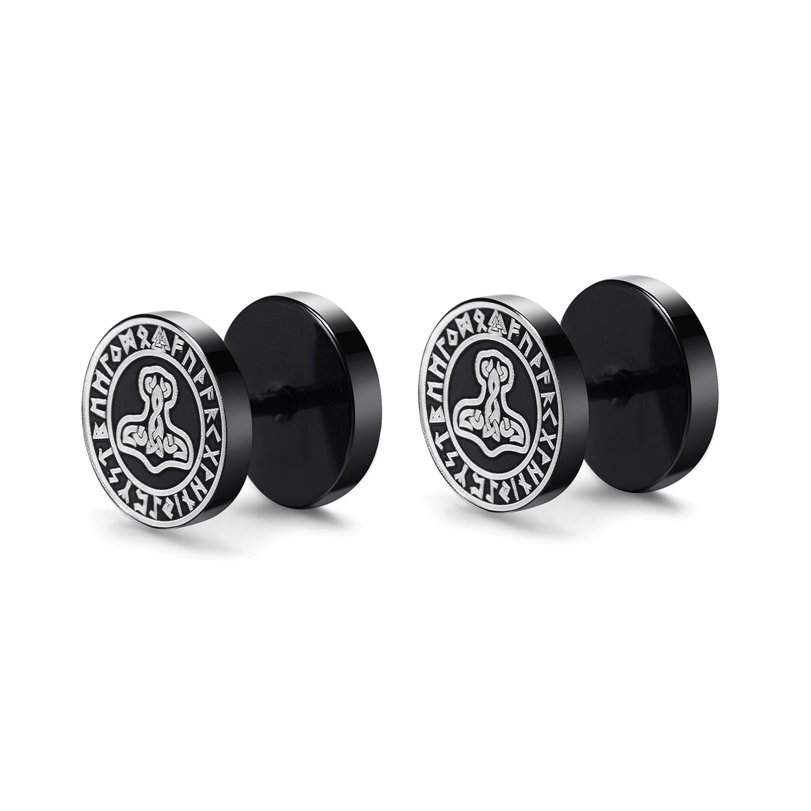 Viking Earrings with Thor's Hammer Symbol - Black Studs