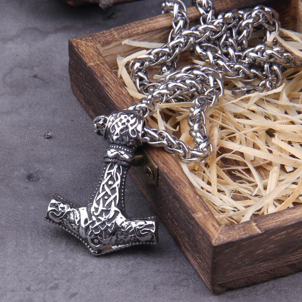 Viking Geri & Freki Wolf Head Thor's Hammer Mjolnir Necklace | Steel Chain