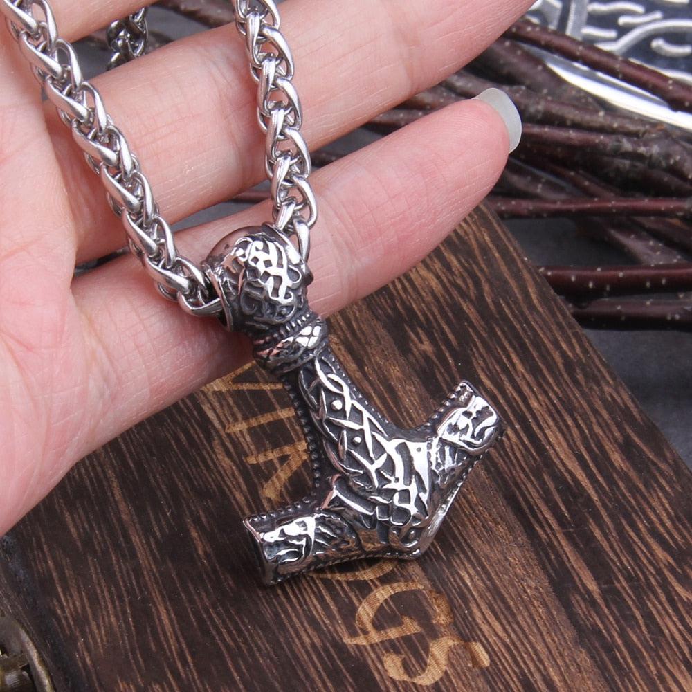 Viking Geri & Freki Wolf Head Thor's Hammer Mjolnir Necklace | Steel Chain