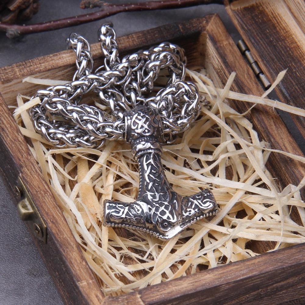 Viking Geri & Freki Wolf Head Thor's Hammer Mjolnir Necklace | Steel Chain