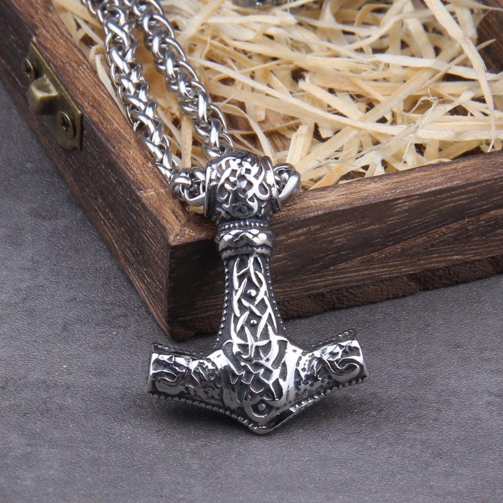 Viking Geri & Freki Wolf Head Thor's Hammer Mjolnir Necklace | Steel Chain