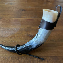 Load image into Gallery viewer, Viking Horn with Belt Loop and Iron Display Stand
