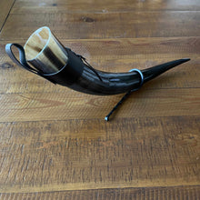 Load image into Gallery viewer, Viking Horn with Belt Loop and Iron Display Stand
