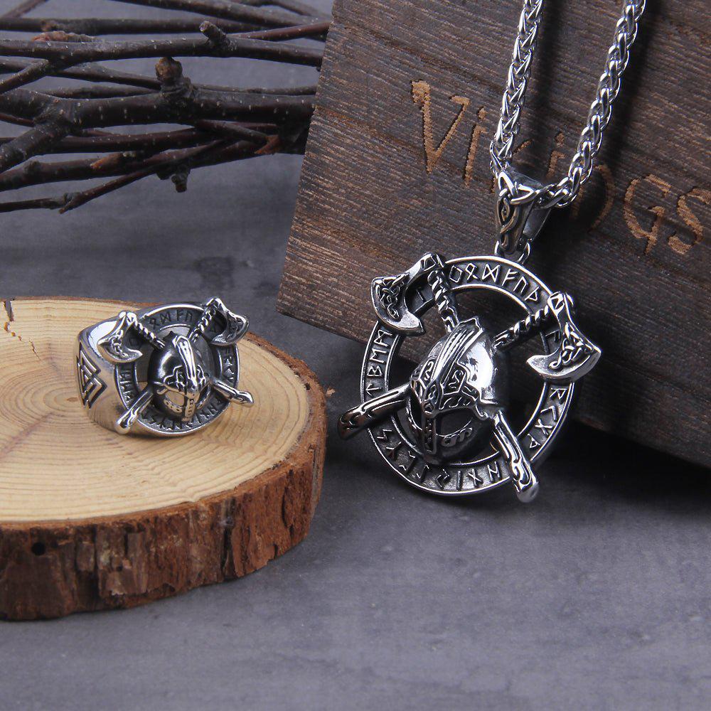 Viking Necklace And Ring Set - Helmet with Cross Axes