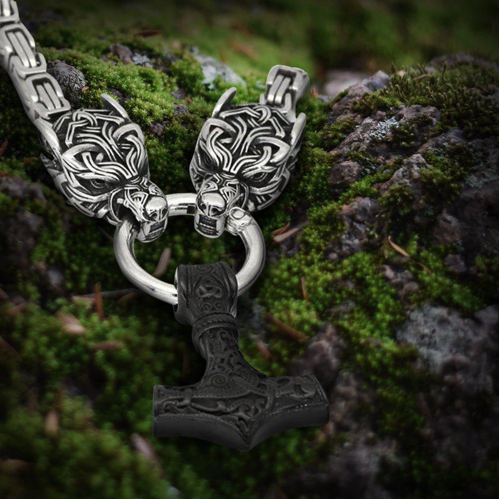 Black Fenrir Sun-Eater Wolf of Ragnarok Necklace | Steel Byzantine Chain