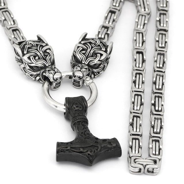 Black Fenrir Sun-Eater Wolf of Ragnarok Necklace | Steel Byzantine Chain