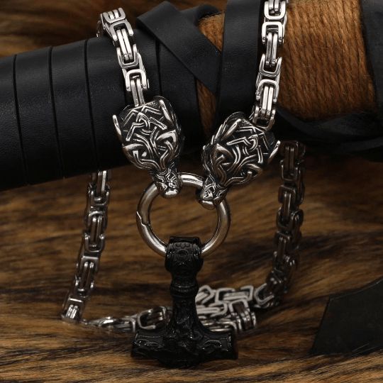 Black Fenrir Sun-Eater Wolf of Ragnarok Necklace | Steel Byzantine Chain