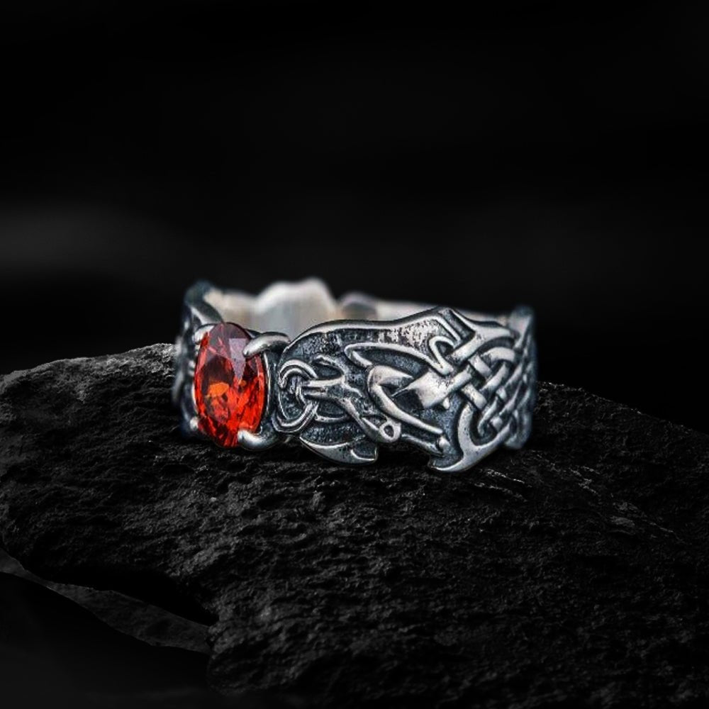 Viking Ring with CZ and Norse Ornament Sterling Silver Viking Ring