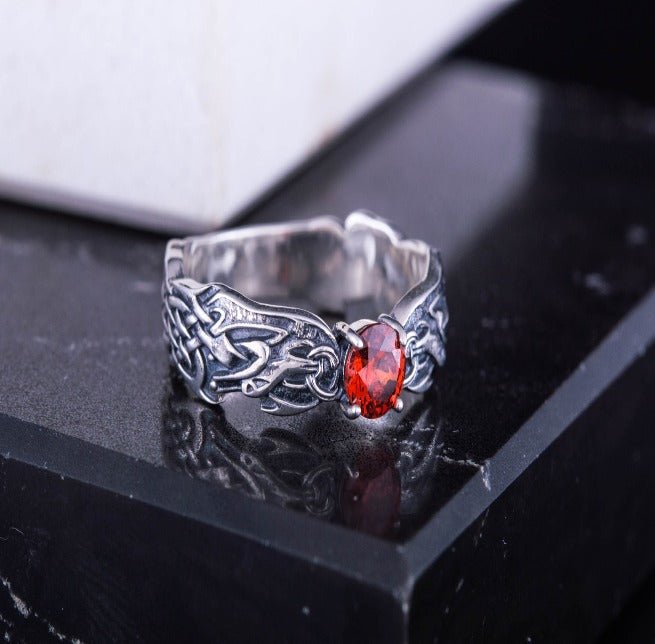 Viking Ring with CZ and Norse Ornament Sterling Silver Viking Ring