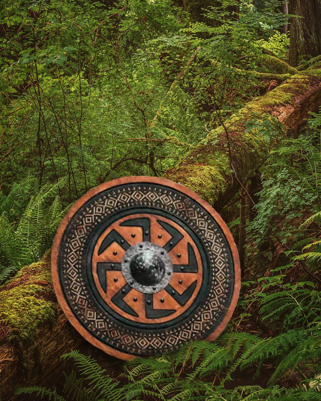 Viking Shield with Carved Kolovrat Symbol