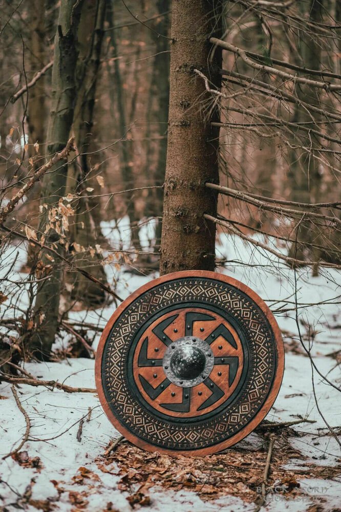 Viking Shield with Carved Kolovrat Symbol