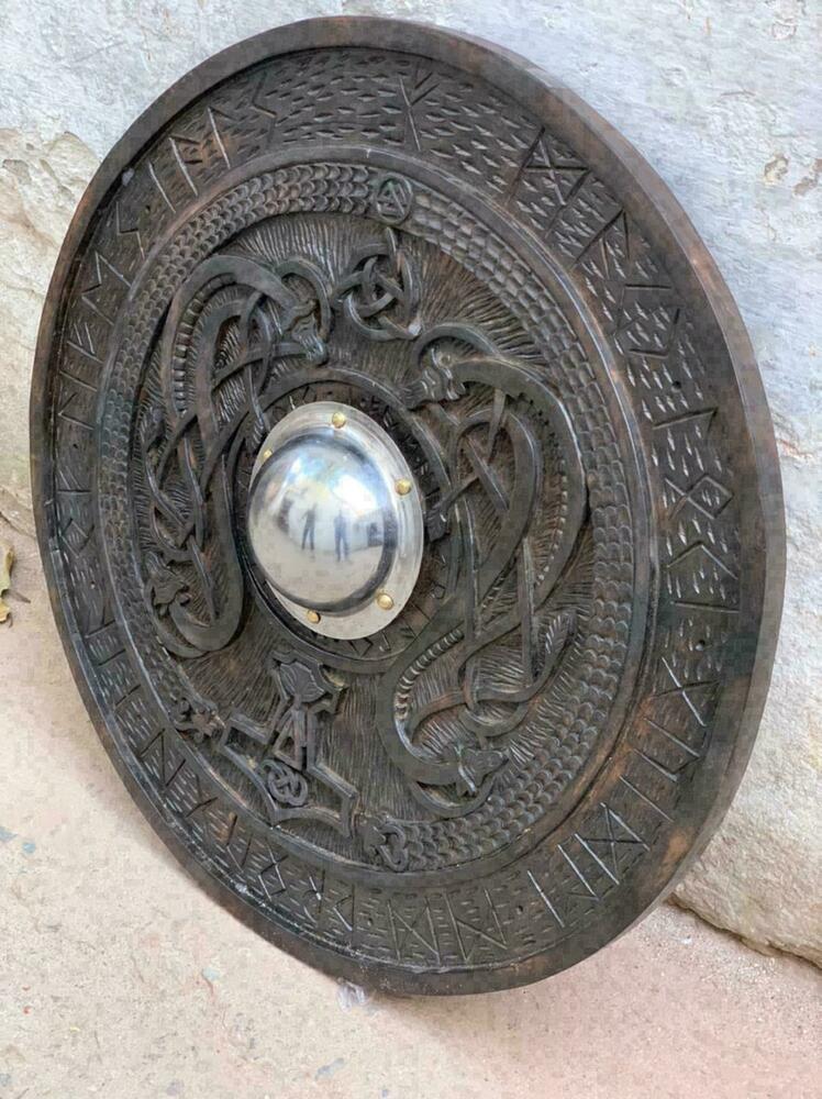 Viking Shield With Carved Norse Runic Ornaments