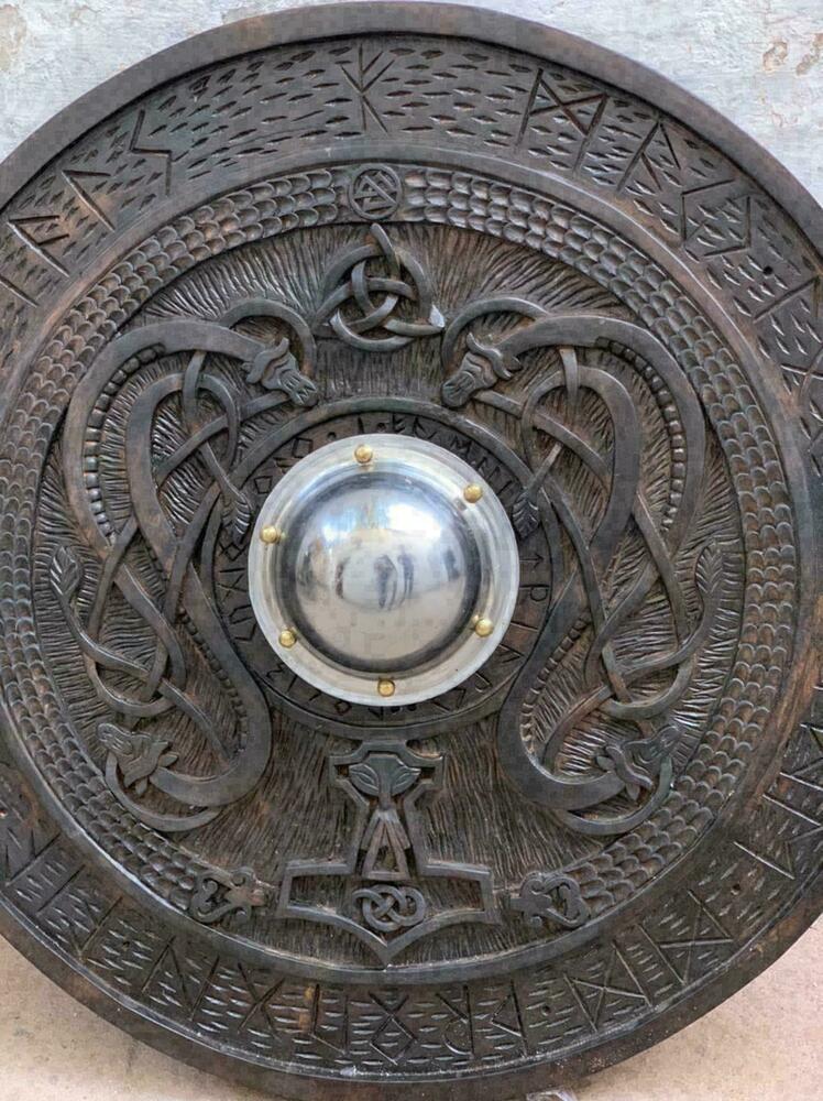 Viking Shield With Carved Norse Runic Ornaments