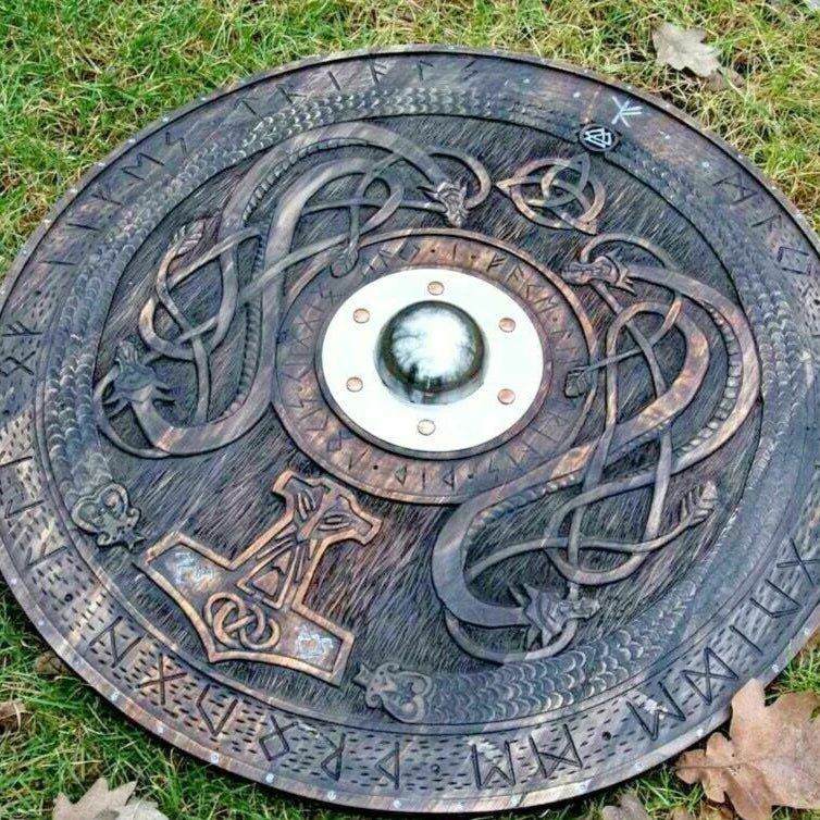 Viking Shield With Carved Norse Runic Ornaments