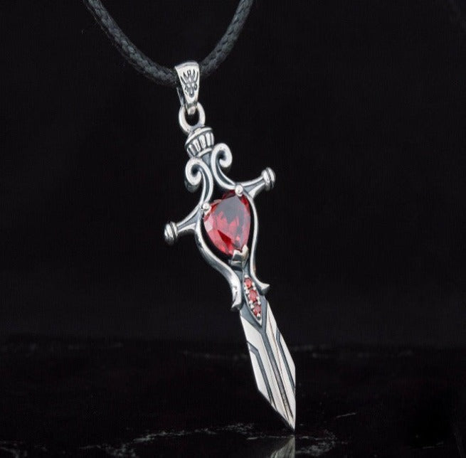 Handcrafted Sterling Silver Viking Sword Pendant | Red Cubic Zirconia