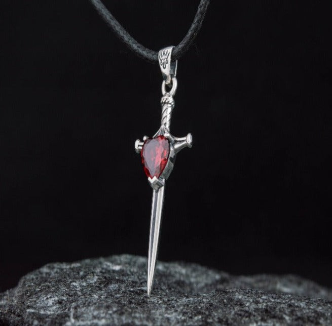 Sterling Silver Viking Sword Pendant | Red Cubic Zirconia Accent