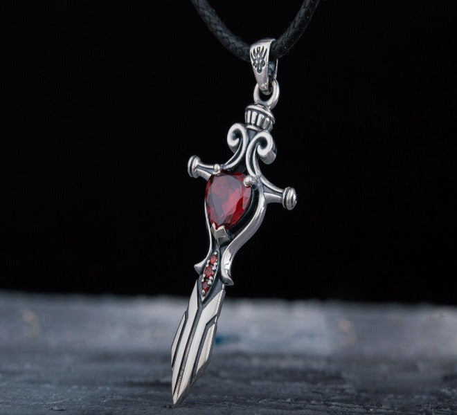 Handcrafted Sterling Silver Viking Sword Pendant | Red Cubic Zirconia