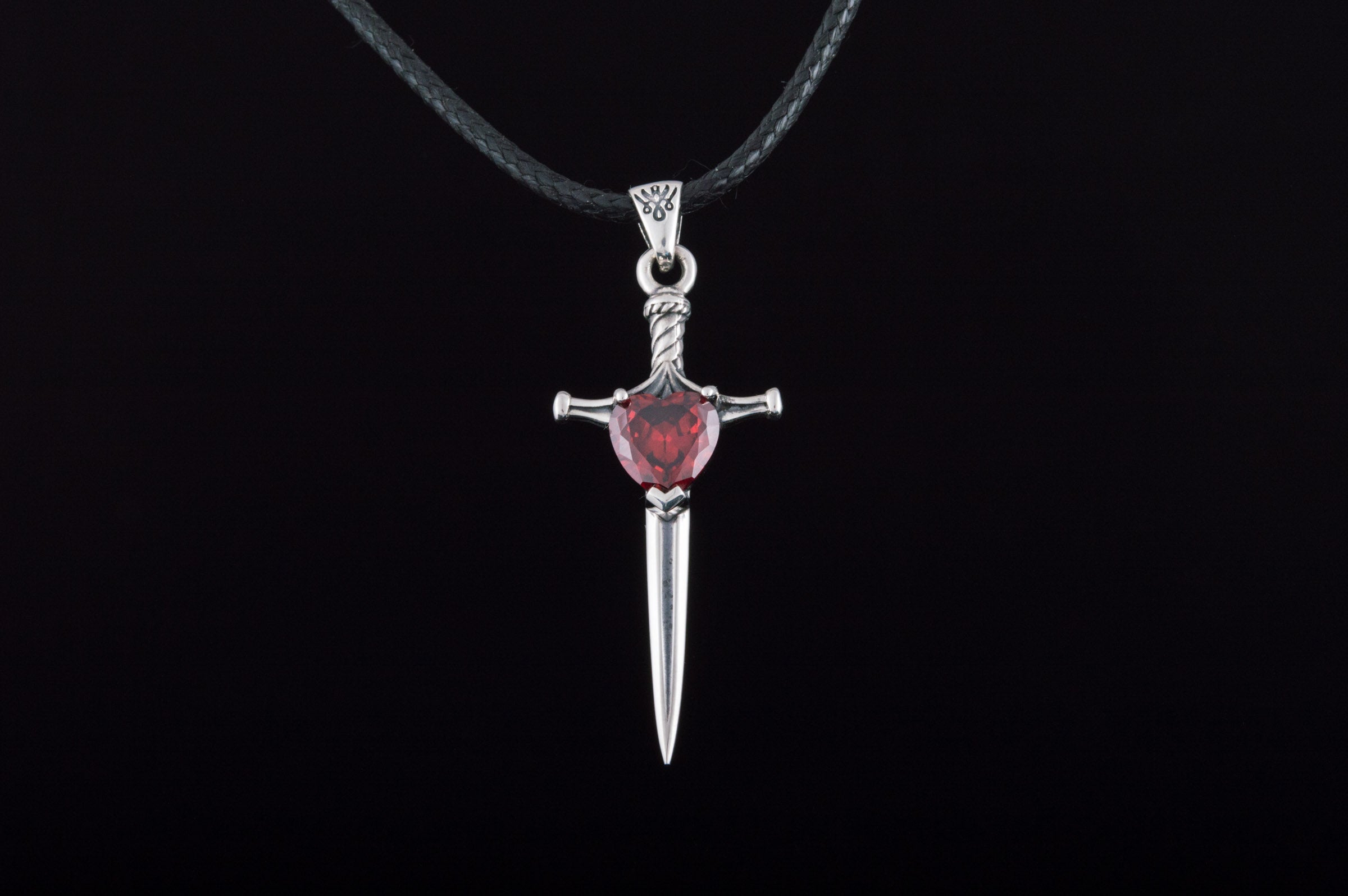 Sterling Silver Viking Sword Pendant | Red Cubic Zirconia Accent