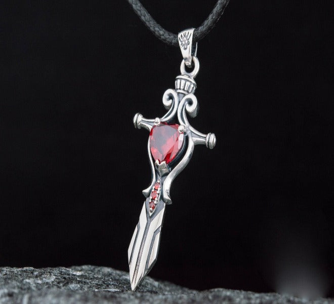 Handcrafted Sterling Silver Viking Sword Pendant | Red Cubic Zirconia