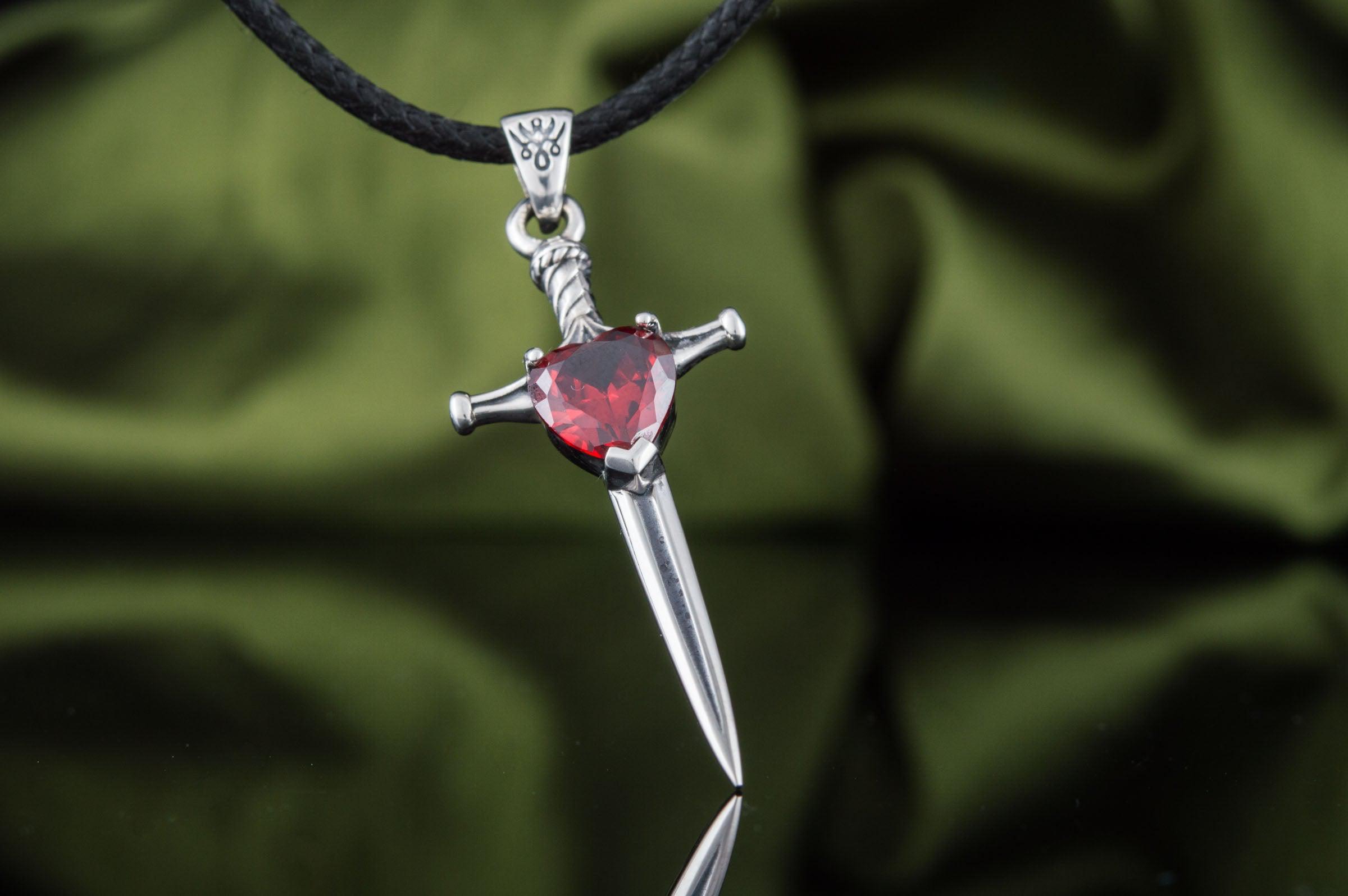 Sterling Silver Viking Sword Pendant | Red Cubic Zirconia Accent