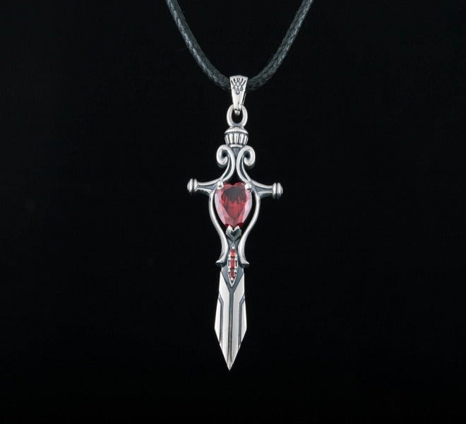 Handcrafted Sterling Silver Viking Sword Pendant | Red Cubic Zirconia